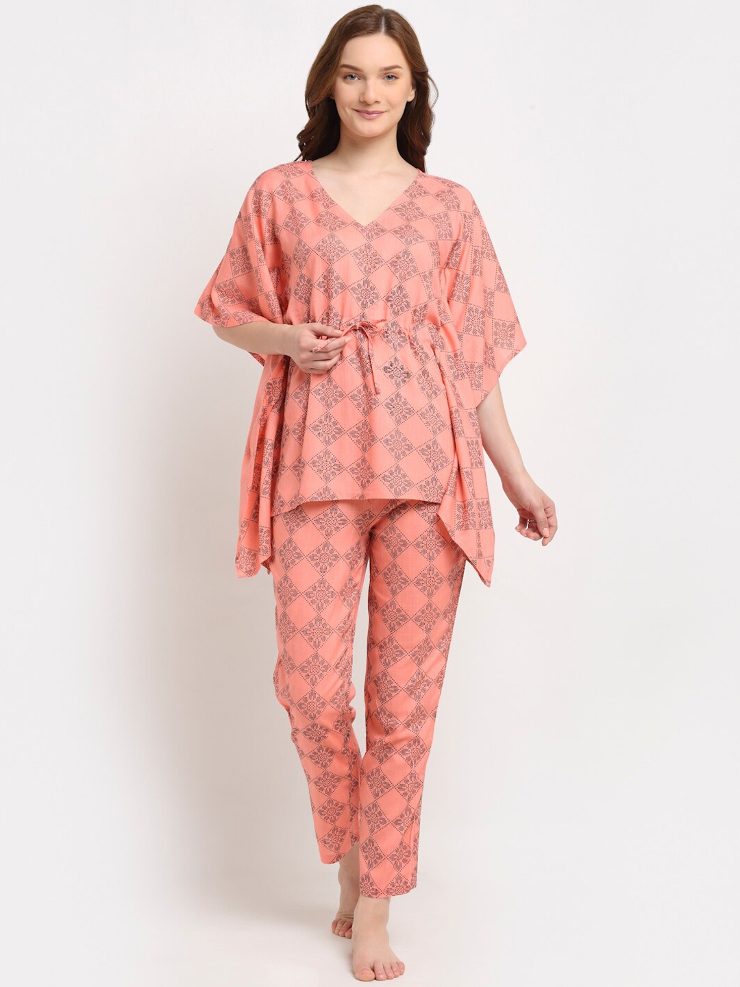 

Aujjessa Women Peach-Coloured Printed Kaftan & Pyjama Night suit