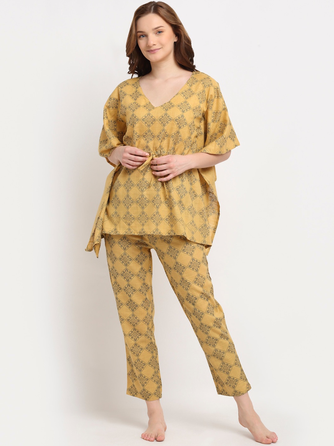 

Aujjessa Women Mustard & Grey Printed Kaftan Night suit