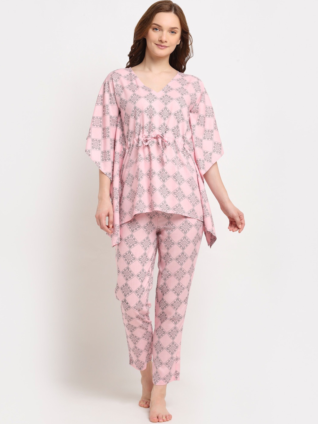 

Aujjessa Women Pink & Black Printed Kaftan style Night suit