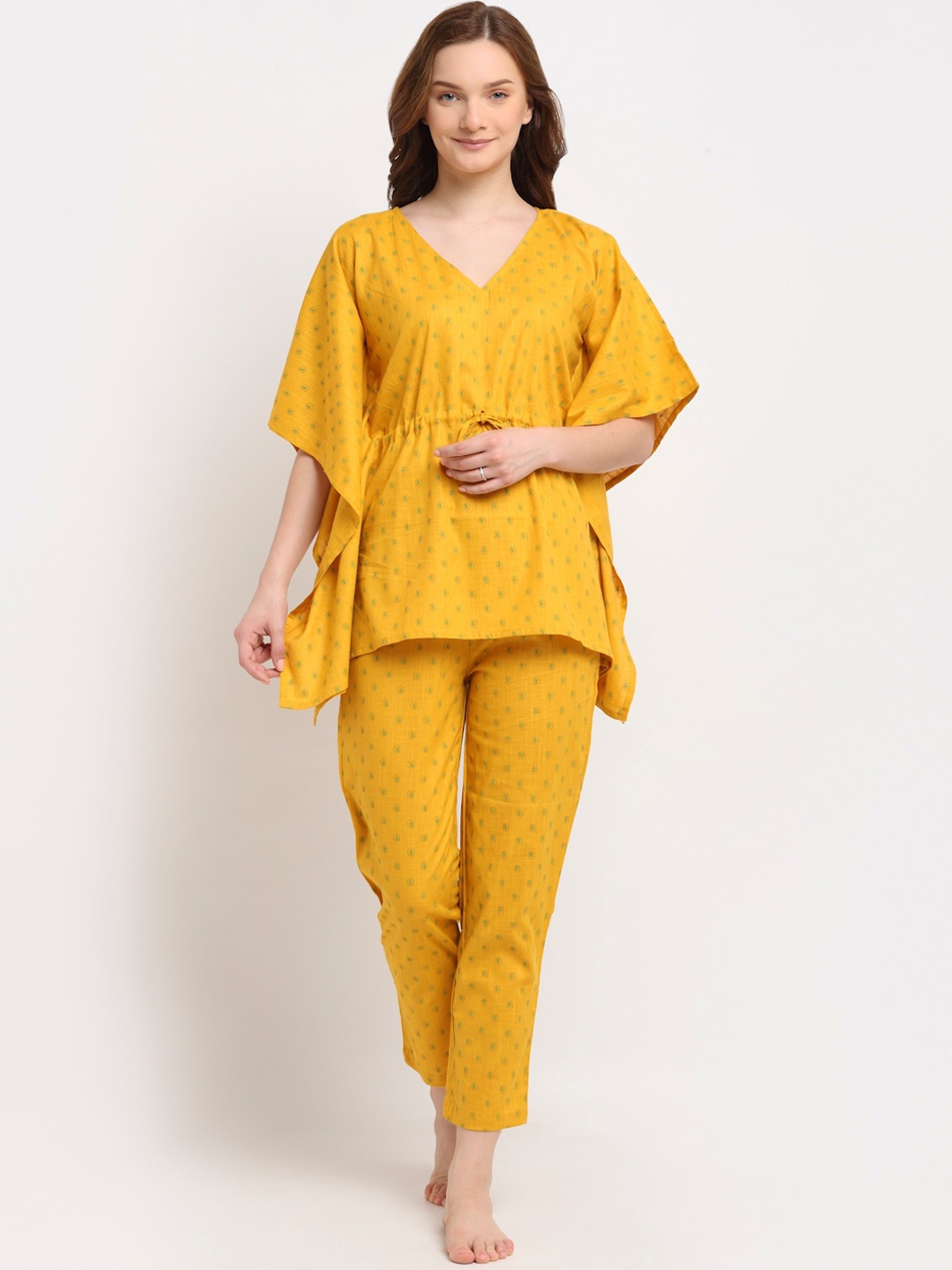 

Aujjessa Women Yellow & Green Printed Kaftan Style Night suit