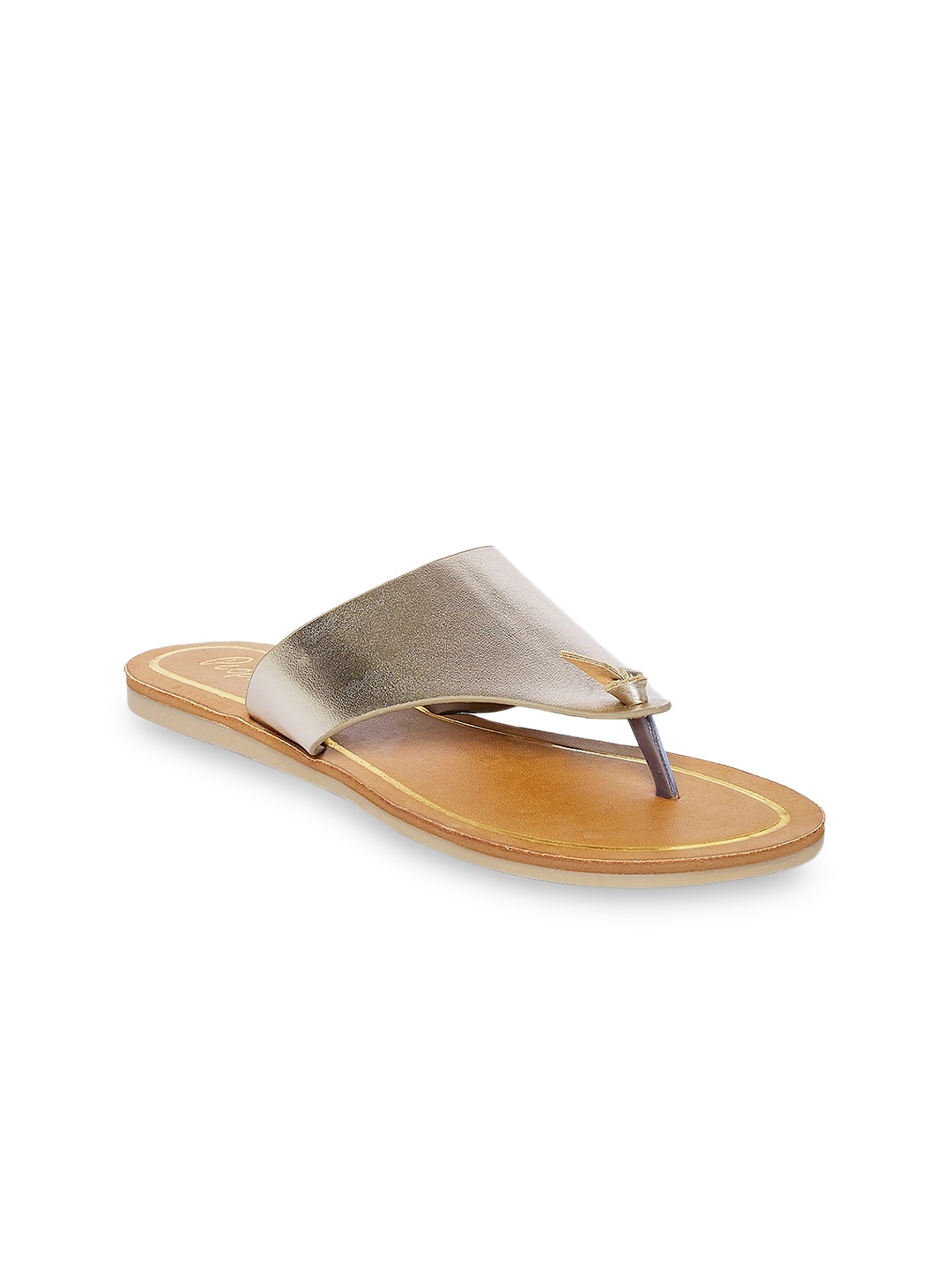 

People Women Gold-Toned T-Strap Flats with Laser Cuts