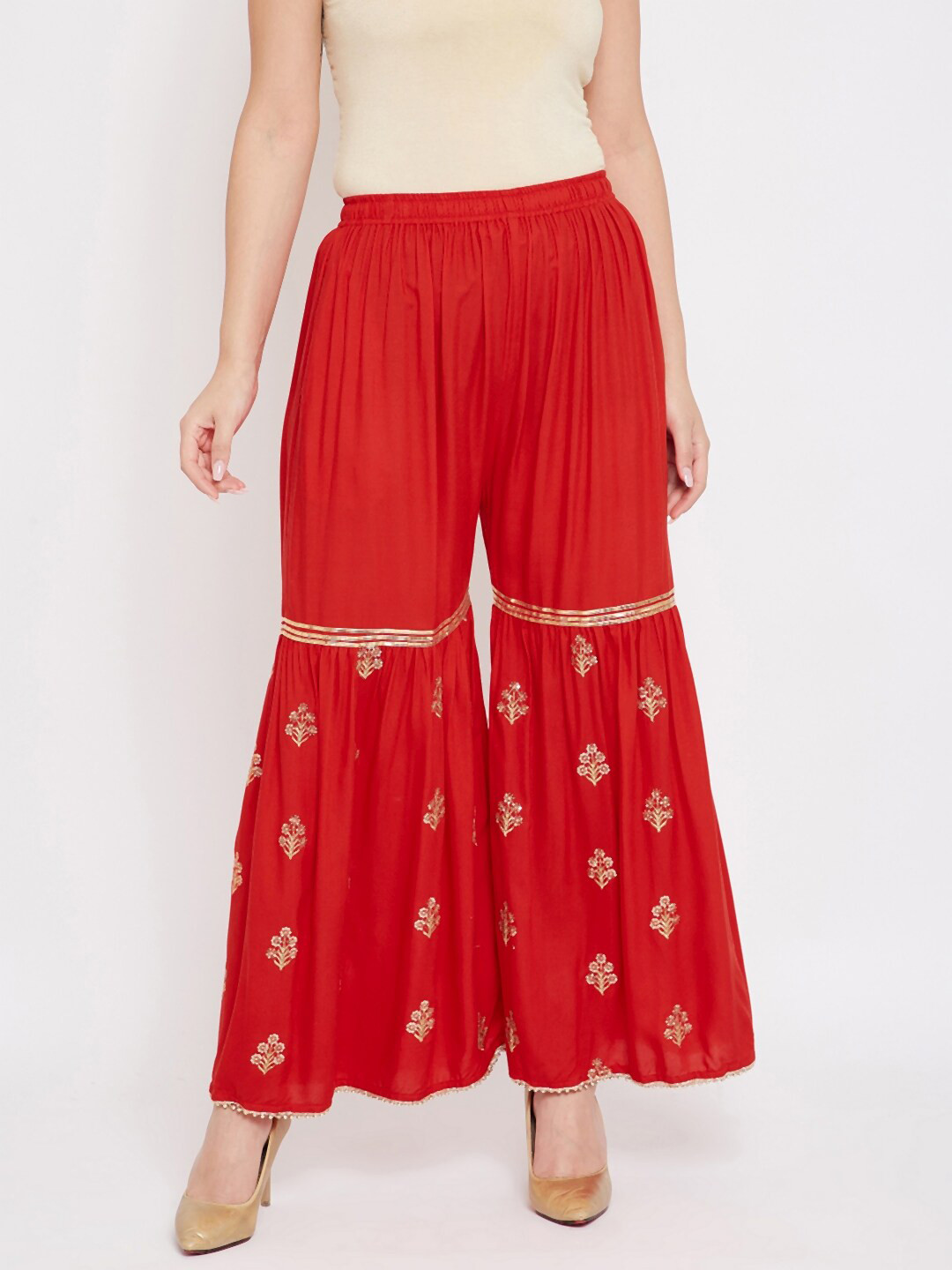 

TULIP 21 Women Red & Gold-Toned Floral Embroidered Flared Palazzos