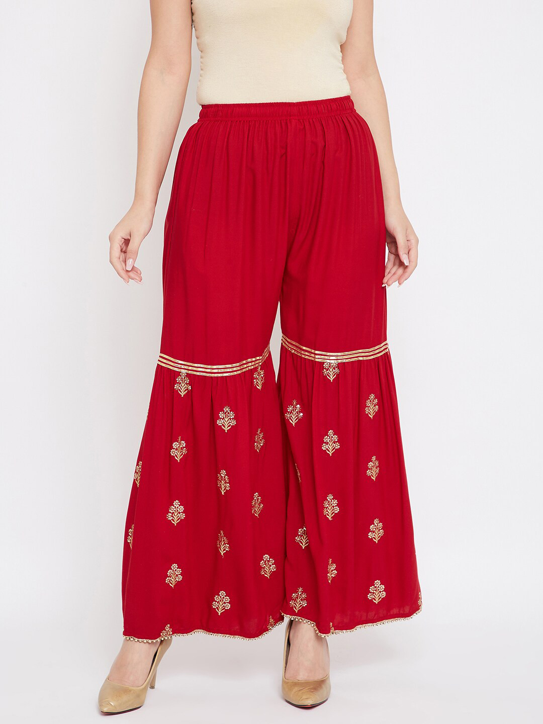 

TULIP 21 Women Maroon & Gold Ethnic Motif Embroidered Sharara
