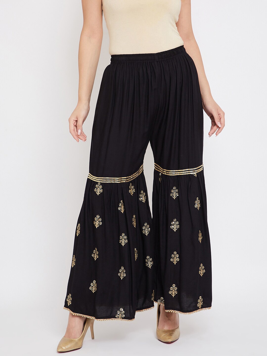 

TULIP 21 Women Black & Gold-Toned Floral Embroidered Flared Palazzos