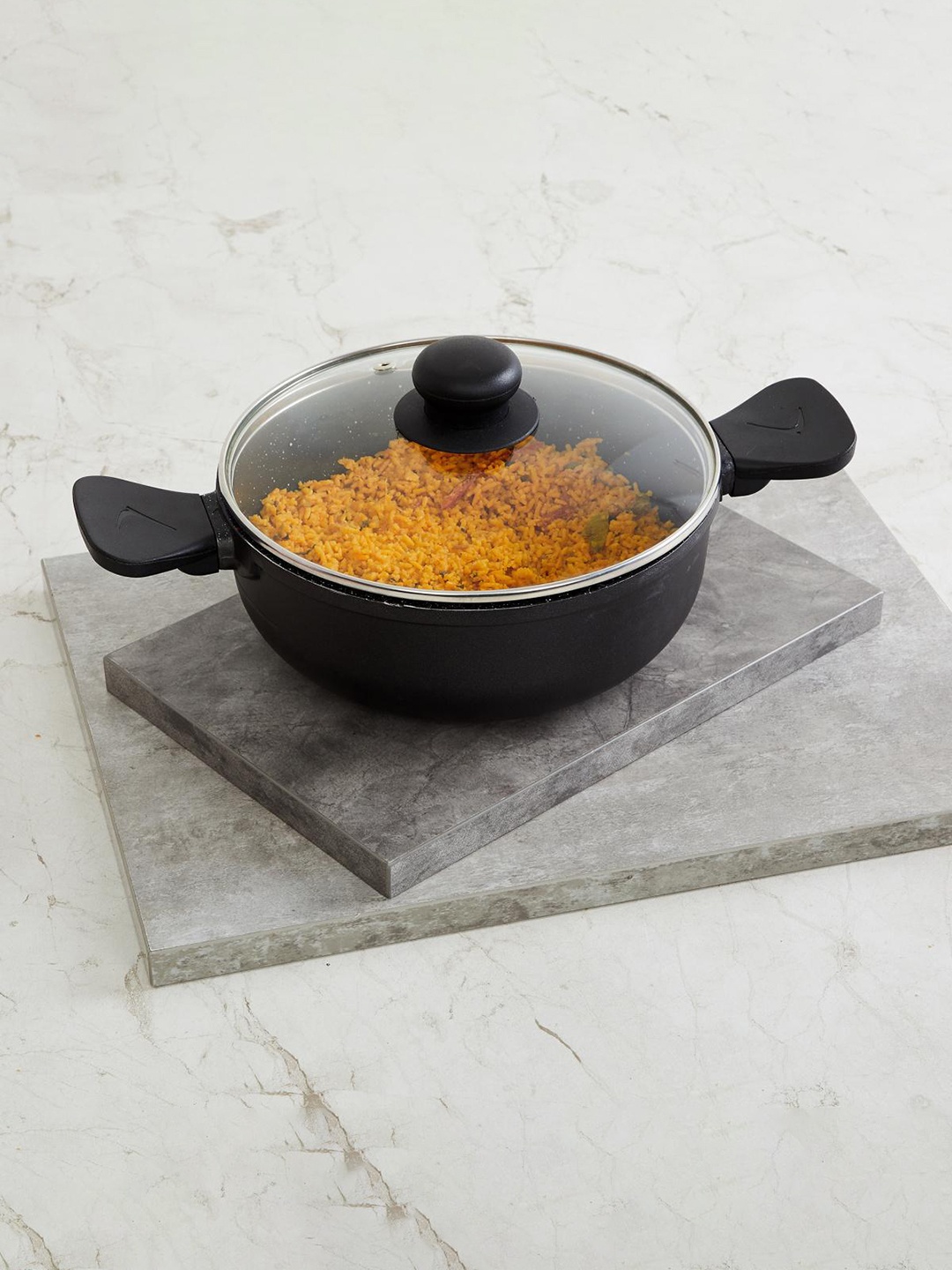 

Home Centre Black & Silver-Toned Solid Aluminium Non Stick Kadhai With Glass Lid
