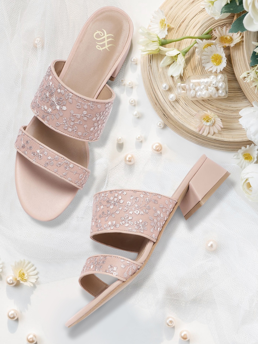 

House of Pataudi Pink & White Embroidered Handcrafted Block Heels