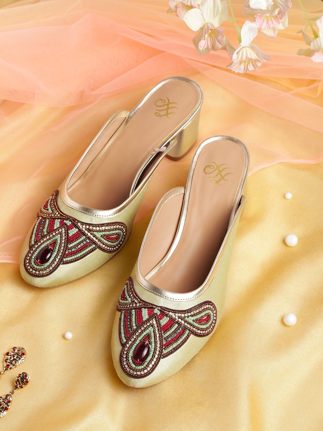 

House of Pataudi Sea Green & Red Beaded Ethnic Handcrafted Mule Block Heels