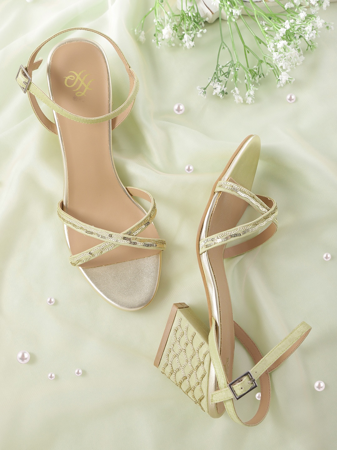 

House of Pataudi Sea Green & Gold-Toned Sequinned Criss-Cross Handcrafted Block Heels