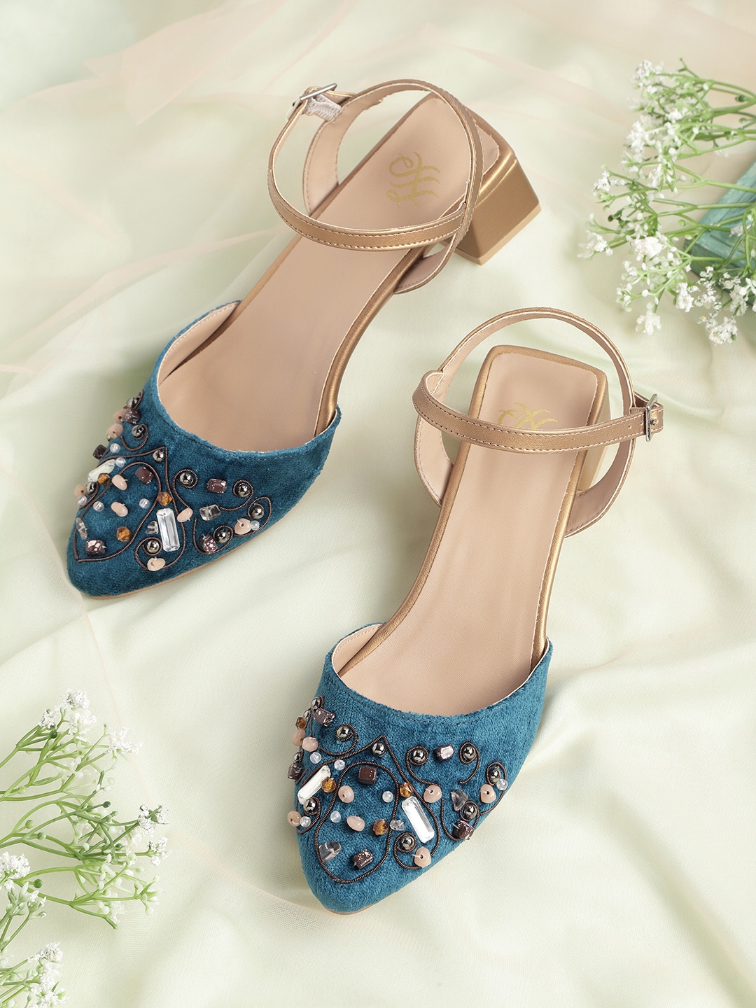 

House of Pataudi Blue Embellished Block Pumps