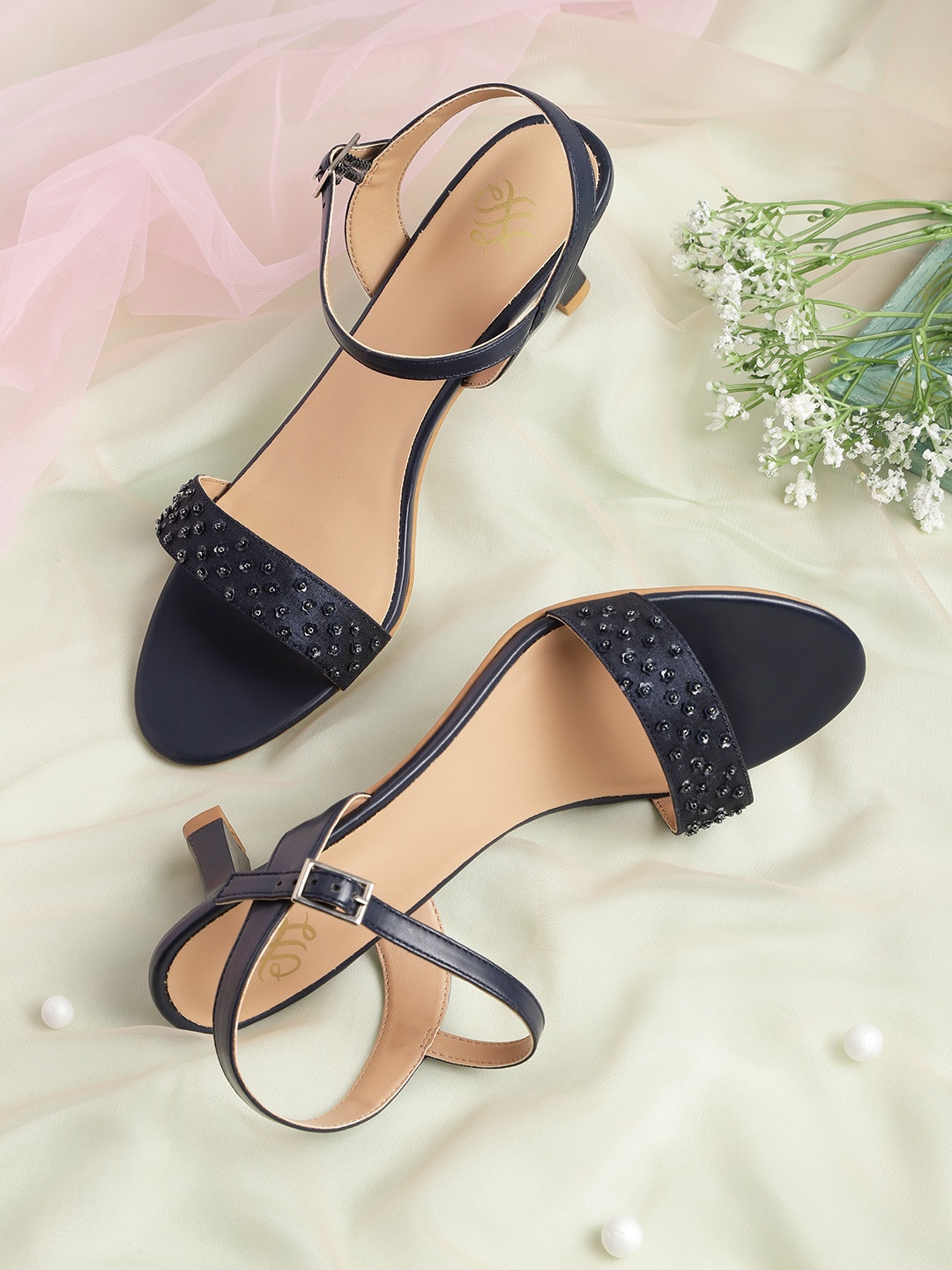 

House of Pataudi Women Navy Blue Beaded Block Heels