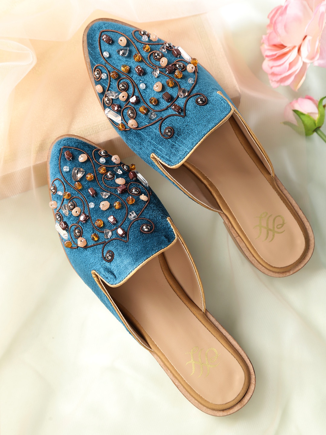 

House of Pataudi Women Teal Blue Beaded Ethnic Mules