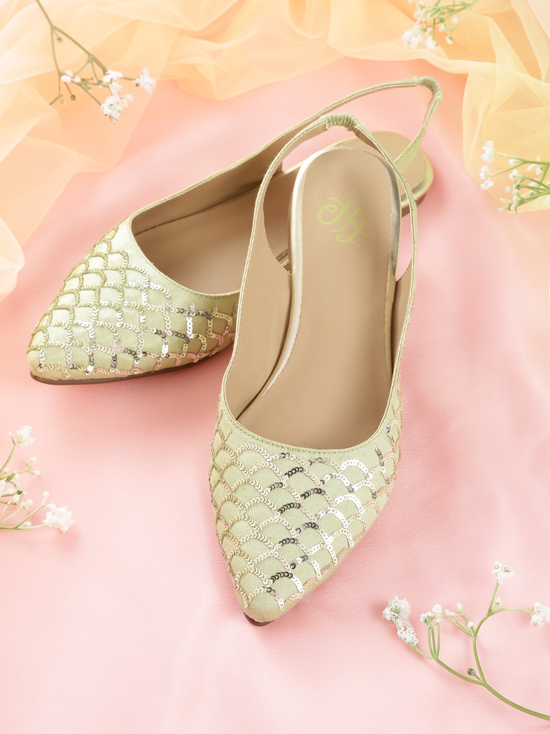 

House of Pataudi Women Green Handcrafted Sequinned Mules