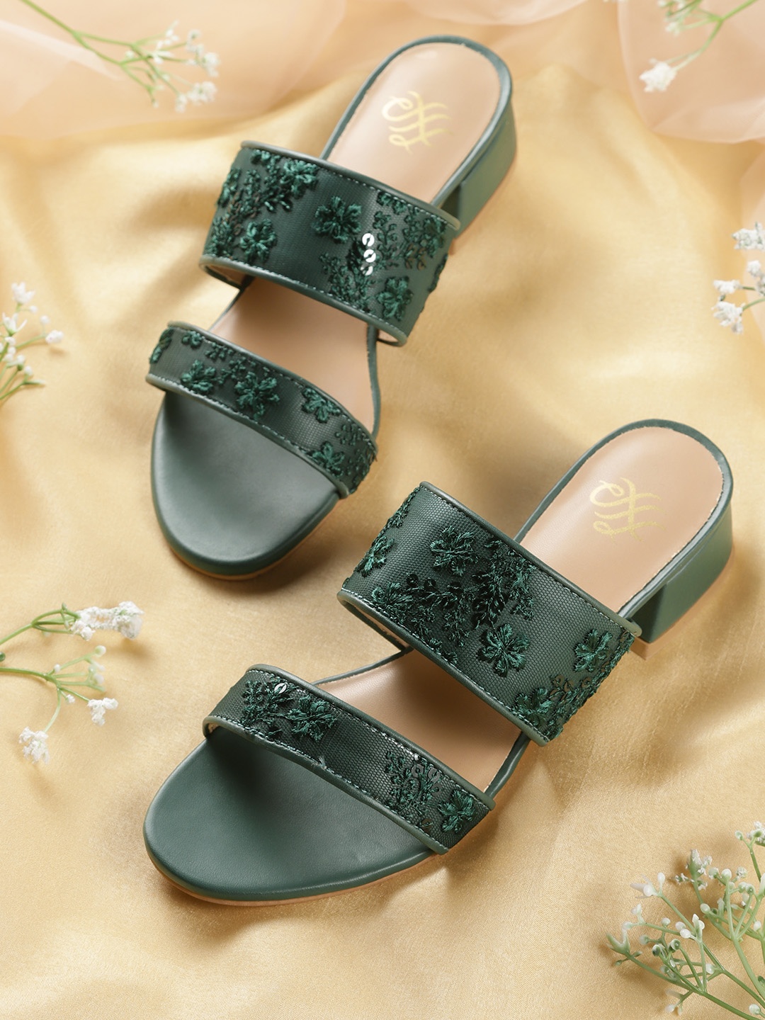 

House of Pataudi Green Embellished Handcrafted Block Heels