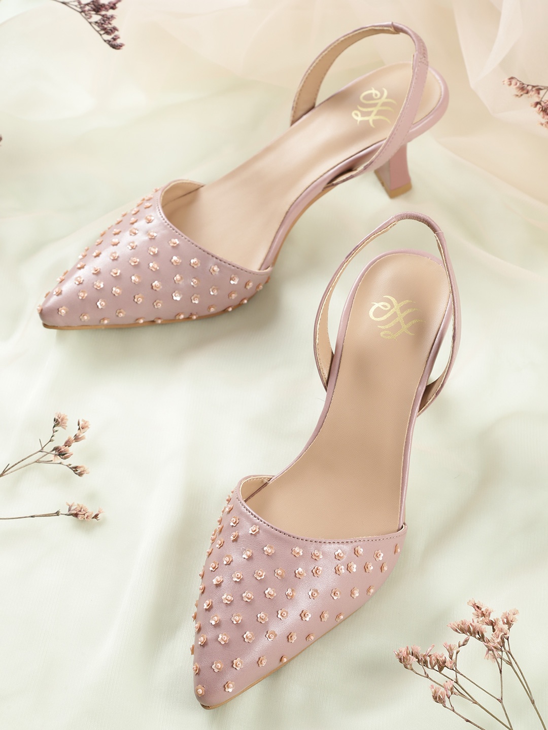 

House of Pataudi Pink Embellished Handcrafted Kitten Heels
