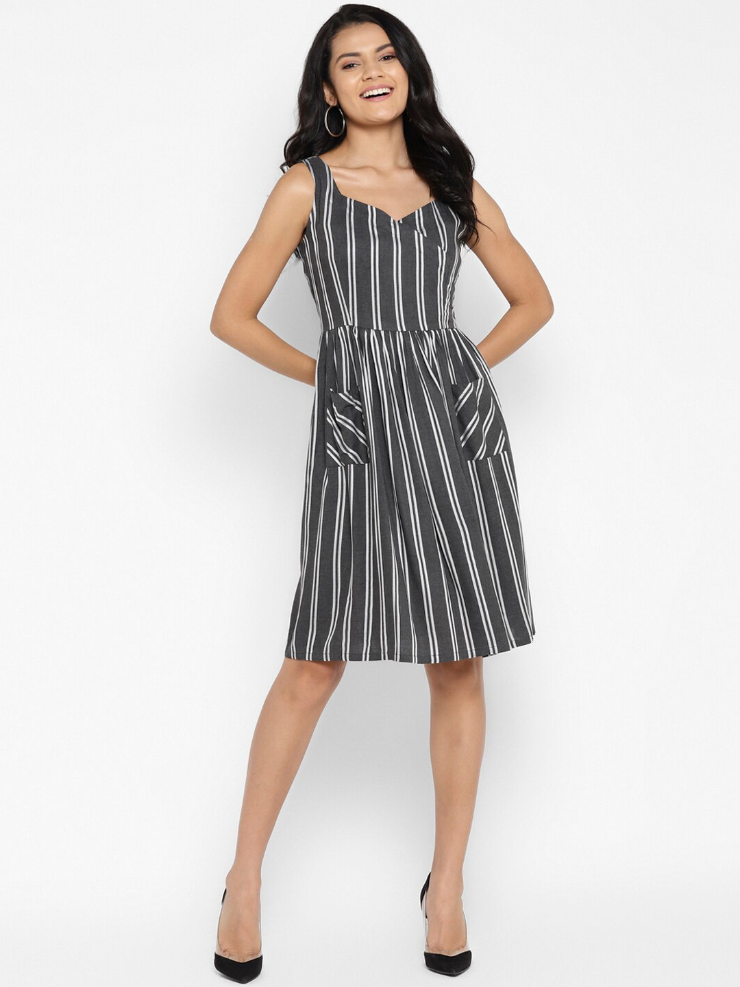 

DEEBACO Grey Striped Dress With Pockets