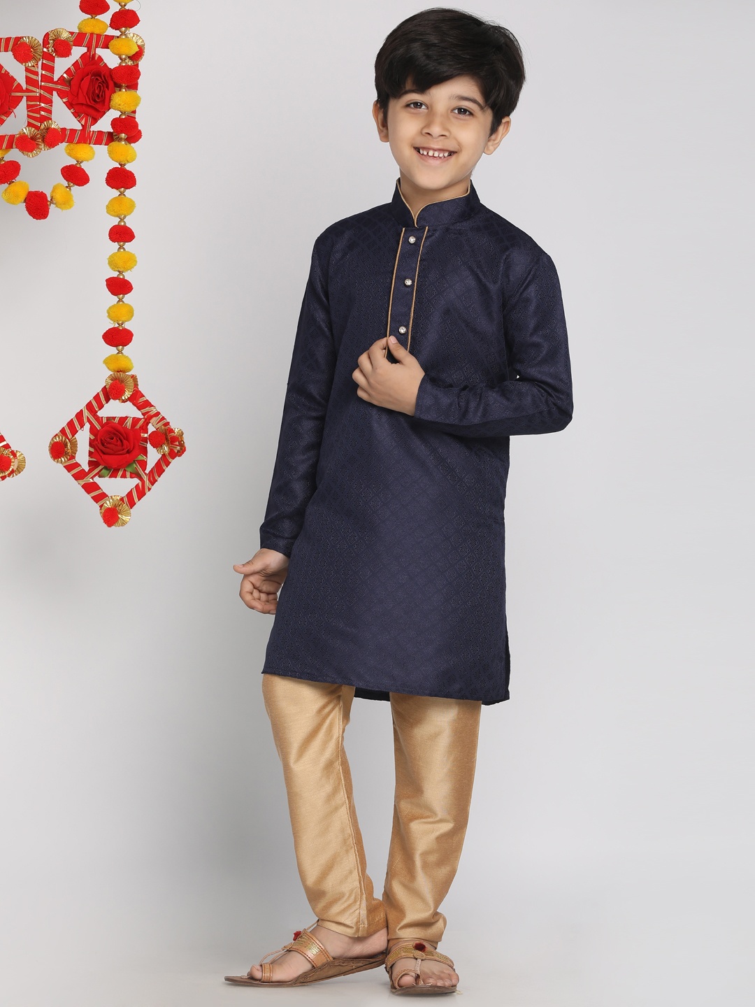 

VASTRAMAY Boys Navy Blue & Gold Silk Blend Regular Kurta with Pyjamas
