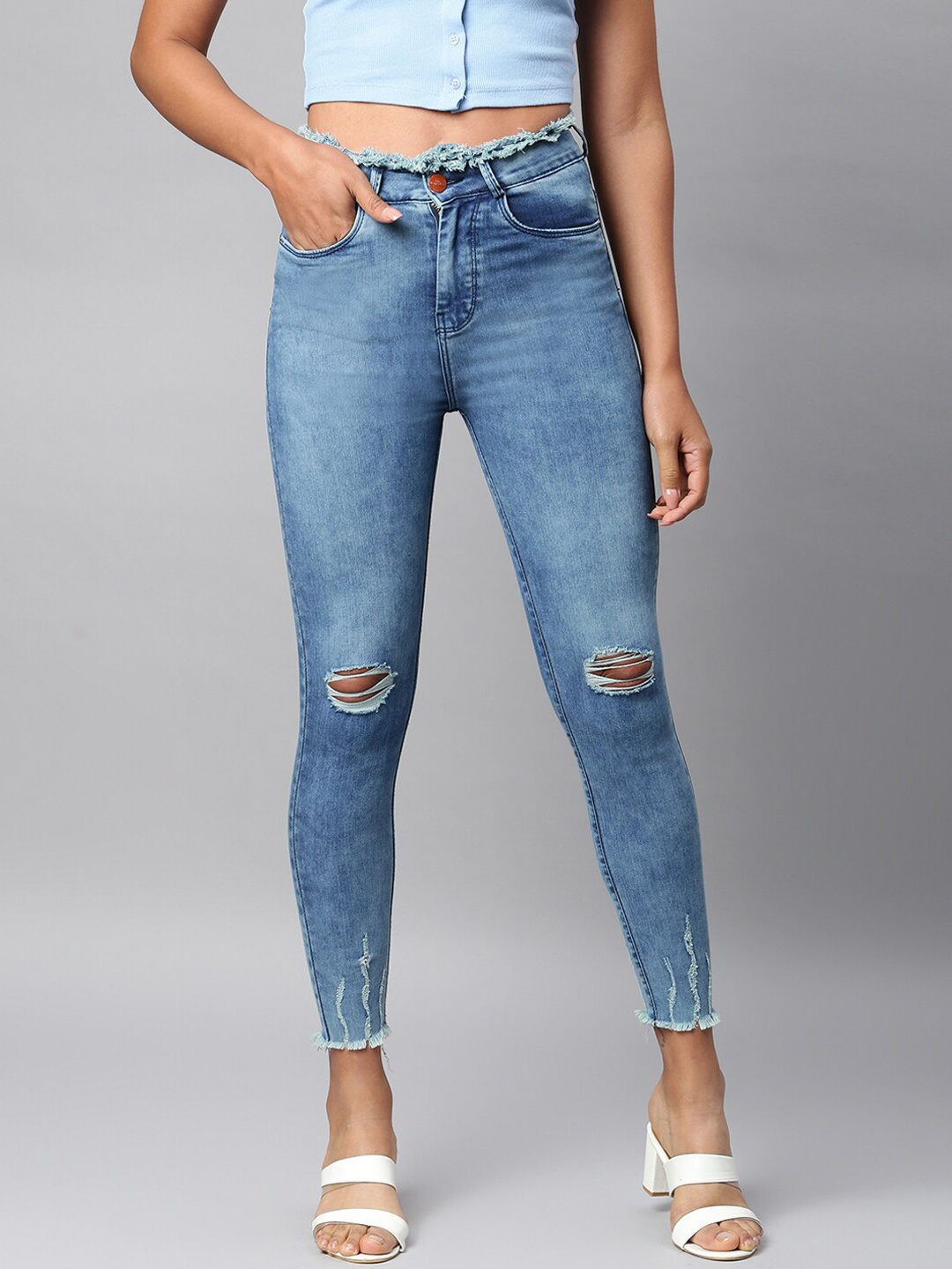 

Code 61 Women Blue Skinny Fit High-Rise Mildly Distressed Light Fade Jeans