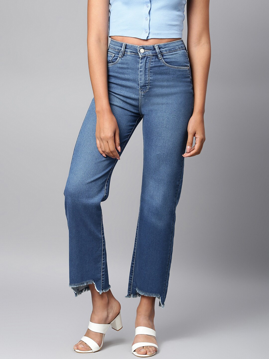 

Code 61 Women Blue High-Rise Cropped Retro Denims Wide-Leg Jeans