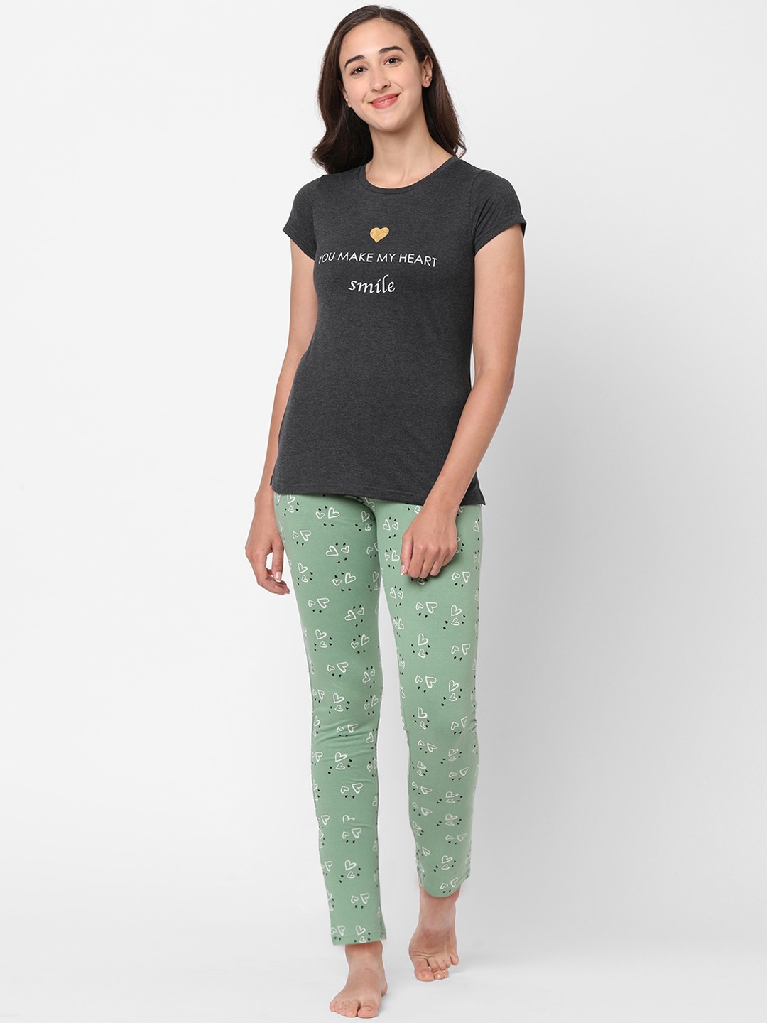 

Sweet Dreams Women Grey & Sea Green Printed Night Suit
