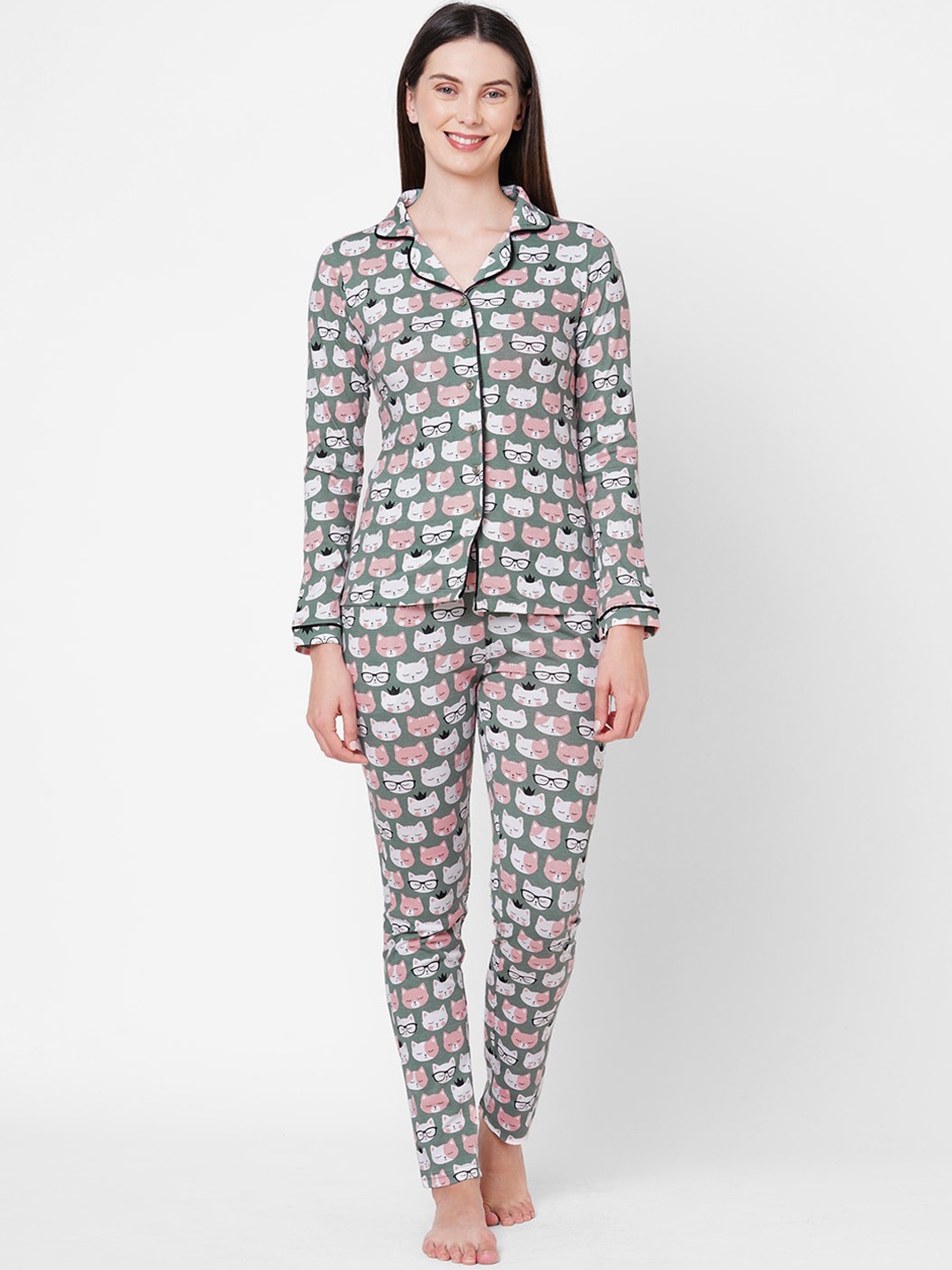 

Sweet Dreams Womens Blue Front Open Printed Pyjama Set