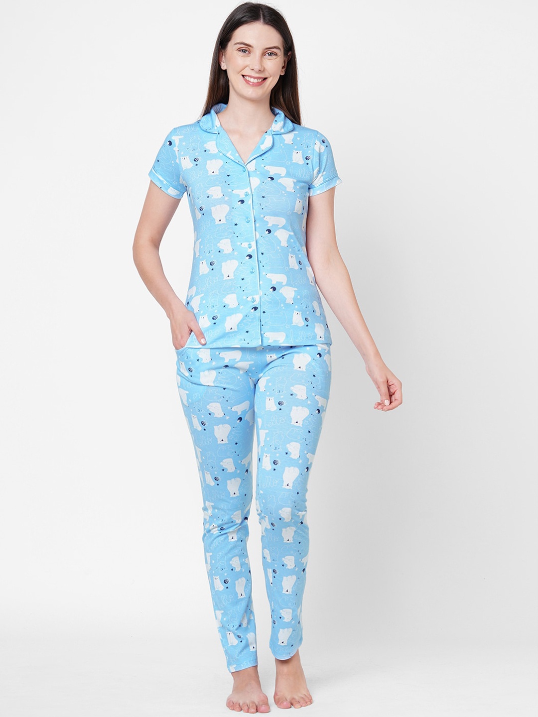 

Sweet Dreams Women Blue & White Printed Night suit