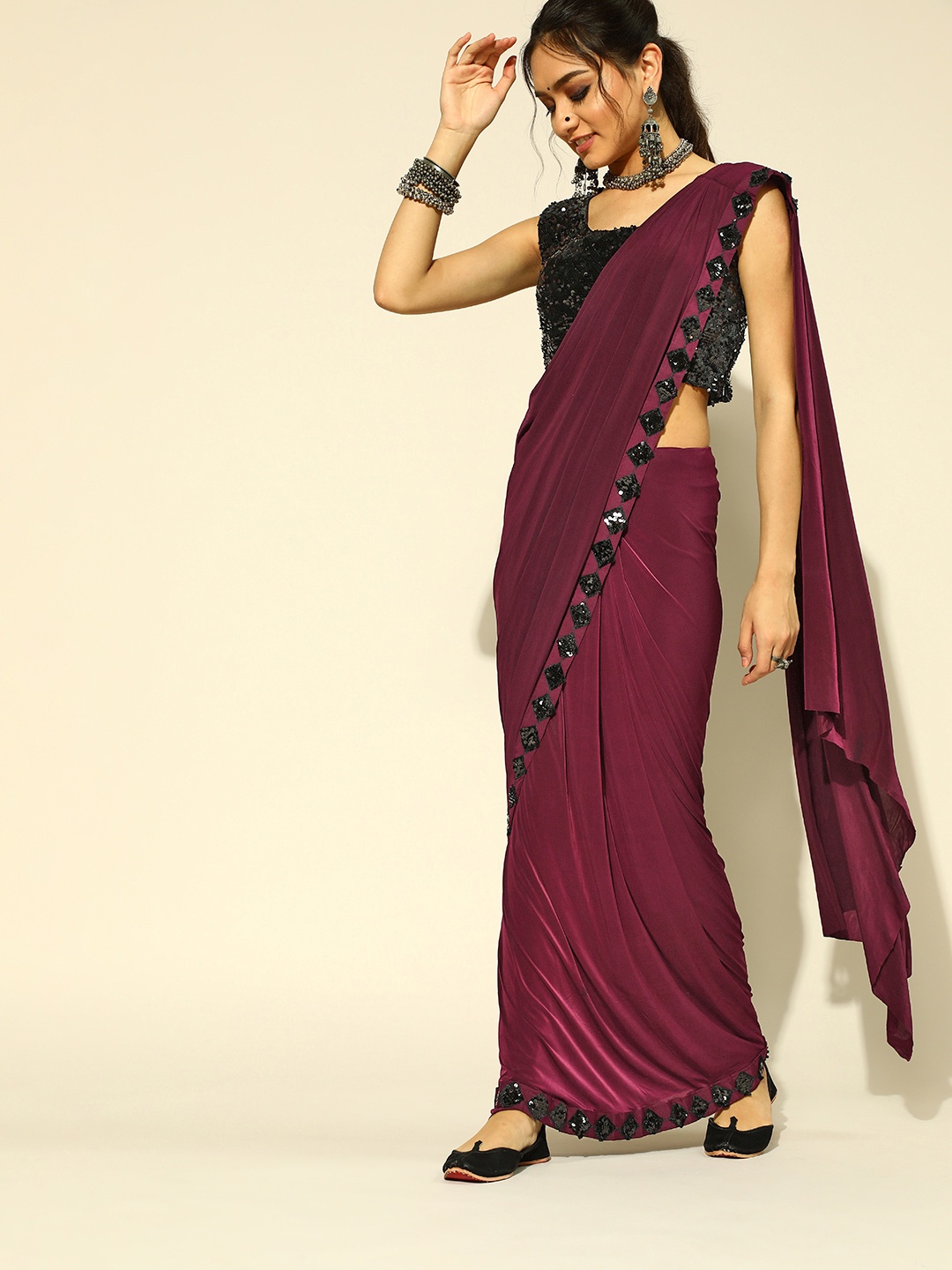 

Chhabra 555 Burgundy & Black Sequinned Ready to Wear Saree