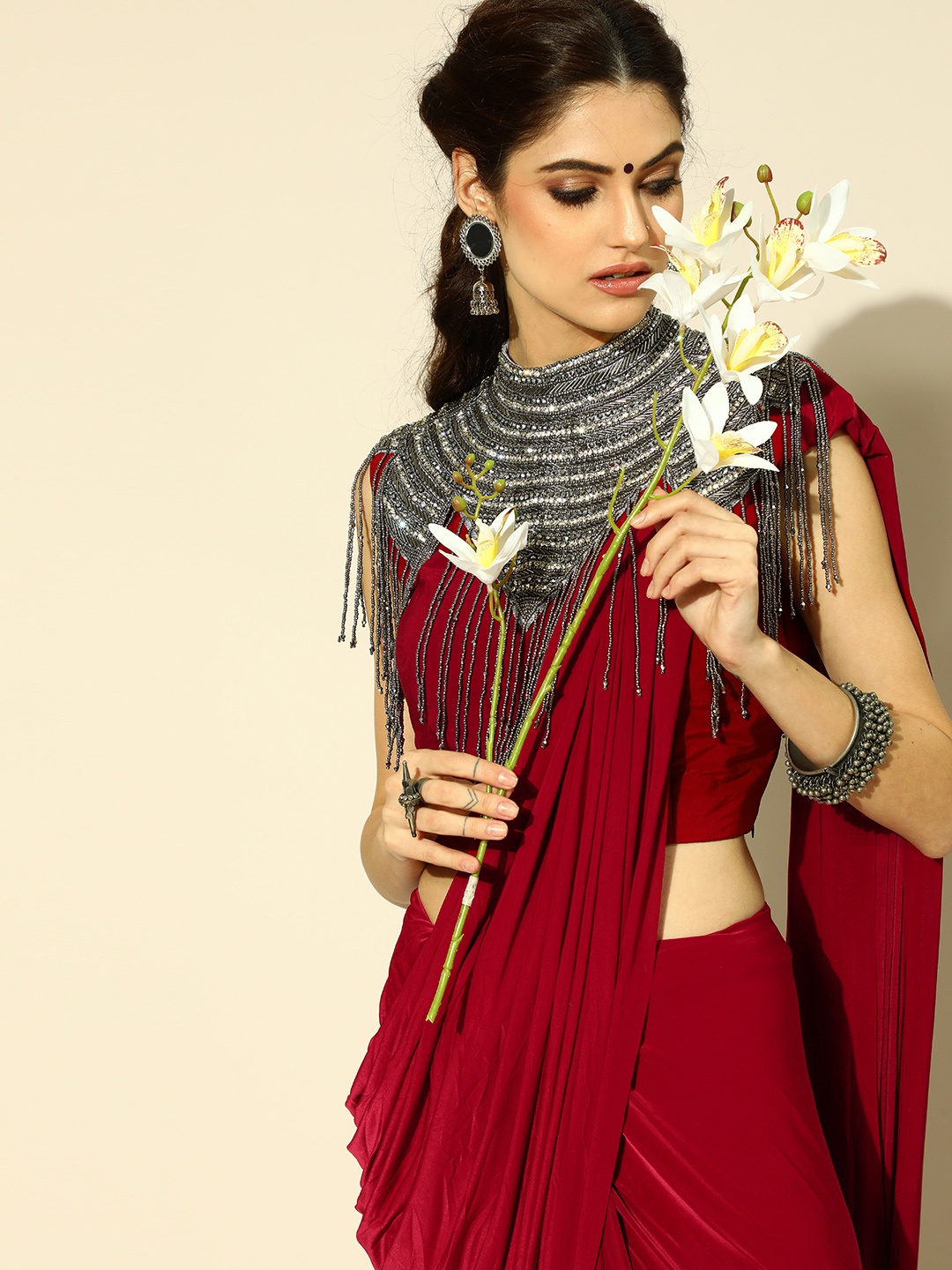 

Chhabra 555 Red & Maroon Ready-to-Wear Saree With Tasseld Necklace