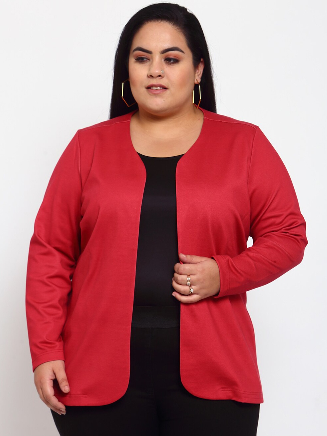 

plusS Women Red Solid Open Front Jacket
