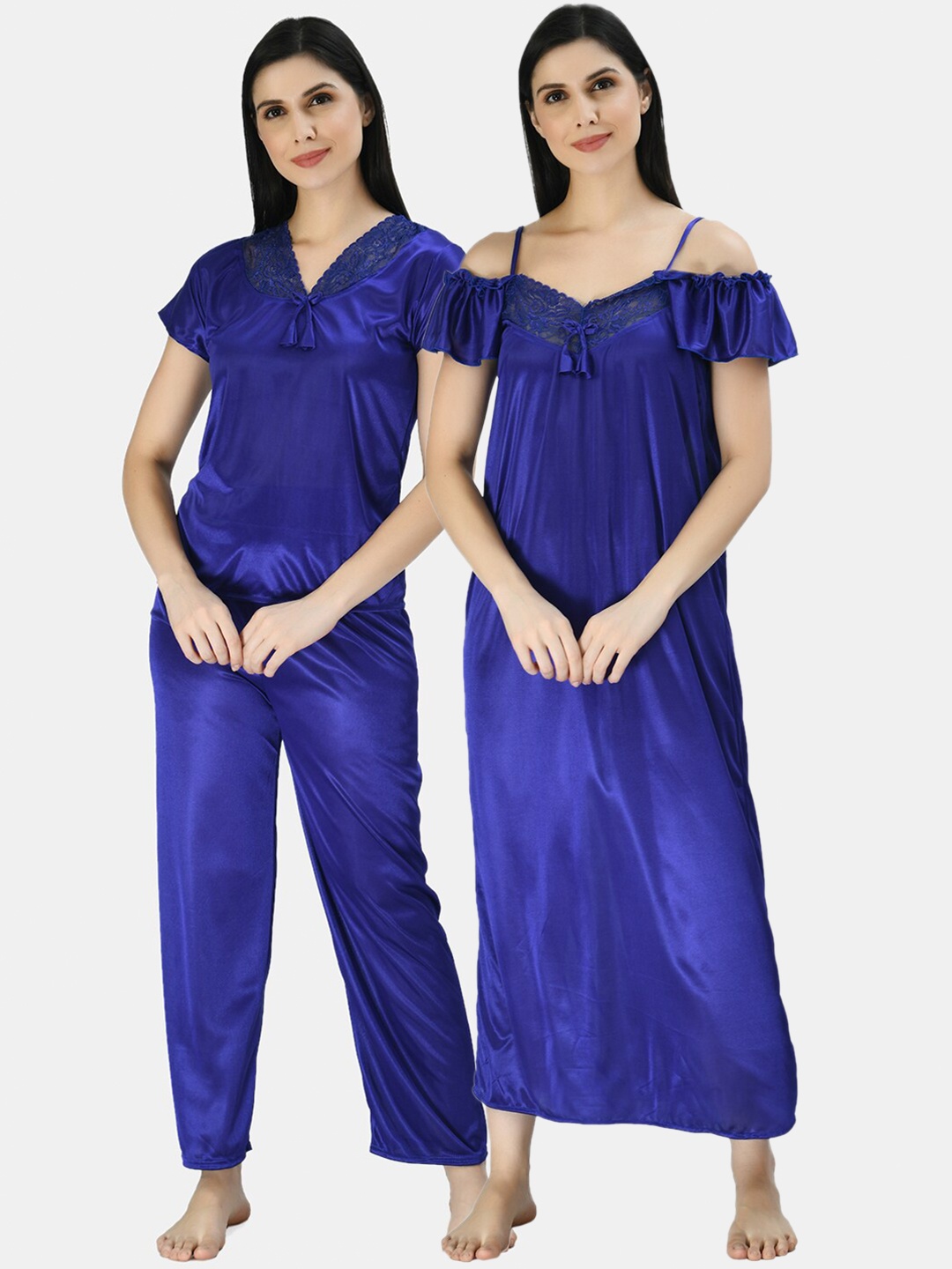 

Kastner 4 Pcs Blue Solid Satin Nightdress Set