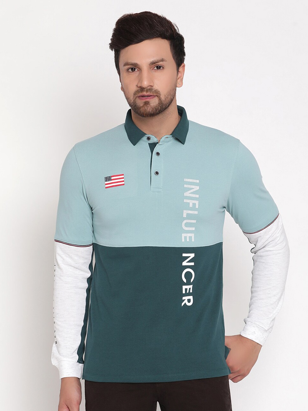 

METTLE Men Blue & Teal Colourblocked Polo Collar T-shirt