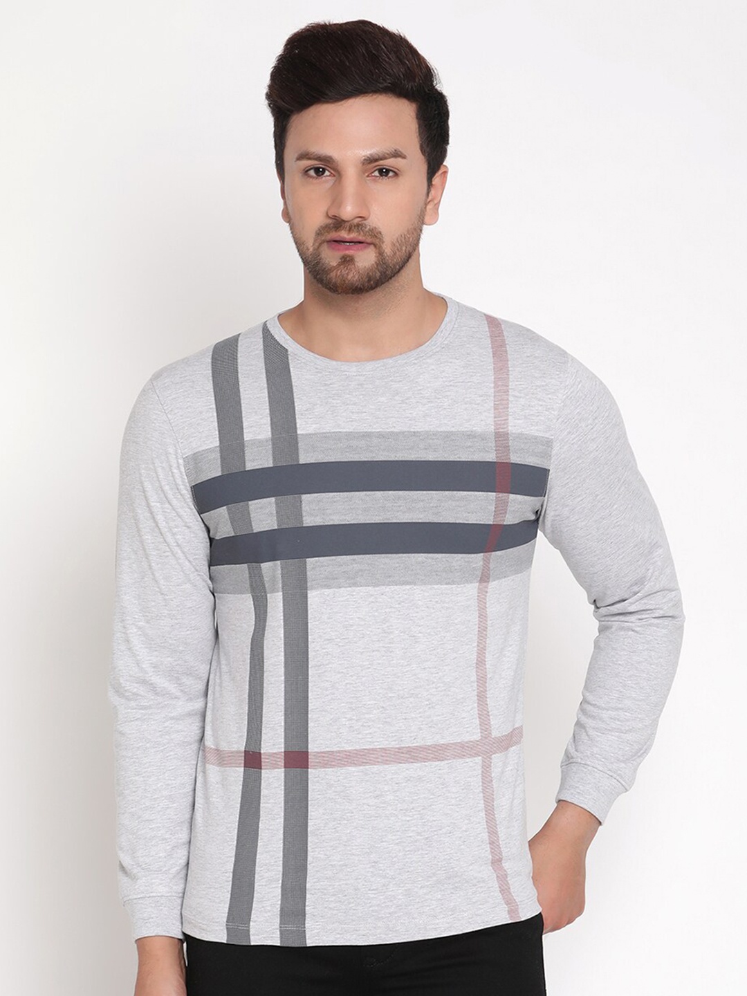 

METTLE Men Grey Striped T-shirt