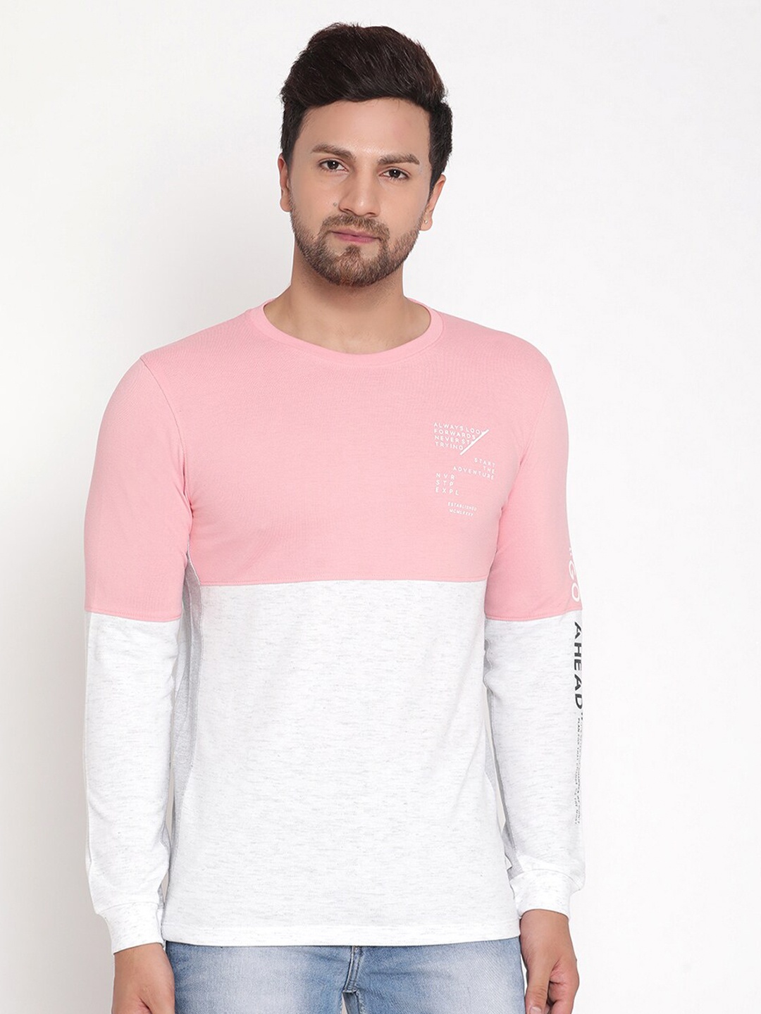 

METTLE Men Pink & White Colourblocked T-shirt