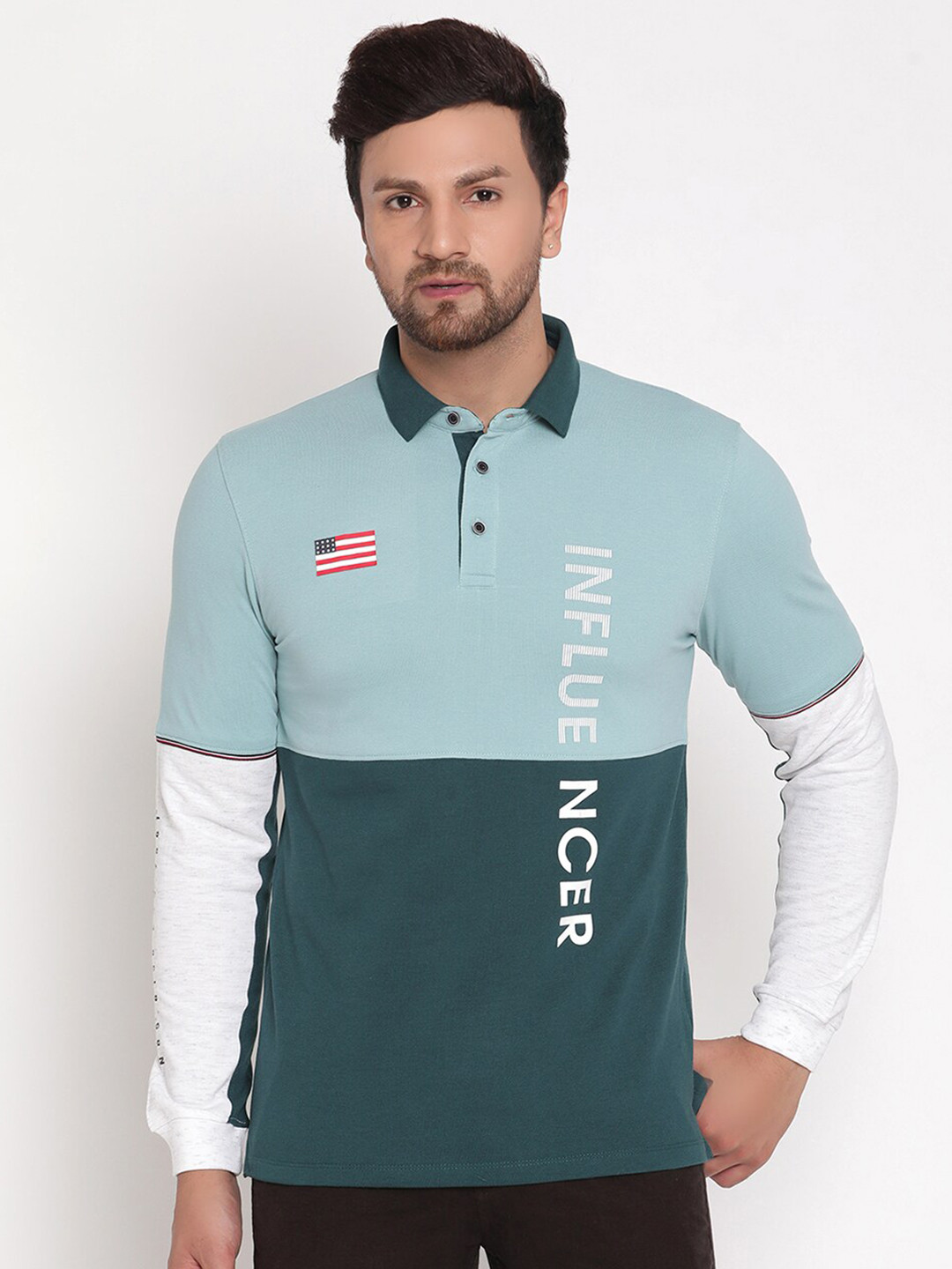 

METTLE Men Blue & Teal Colourblocked Polo Collar T-shirt
