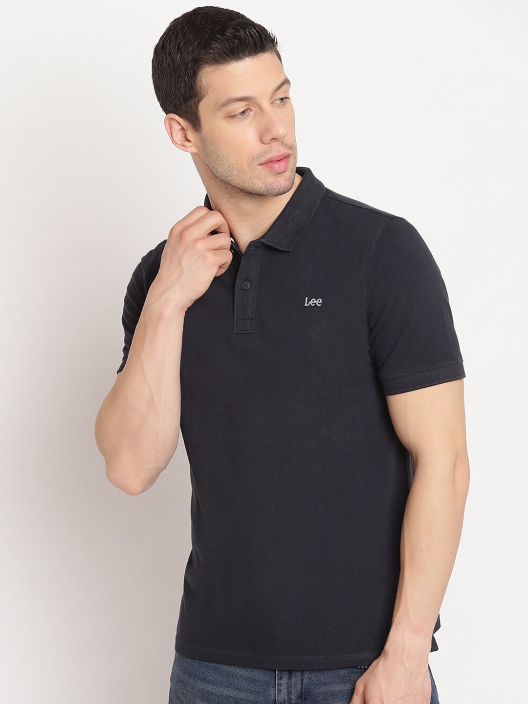 

Lee Men Navy Blue Polo Collar Pockets Slim Fit T-shirt
