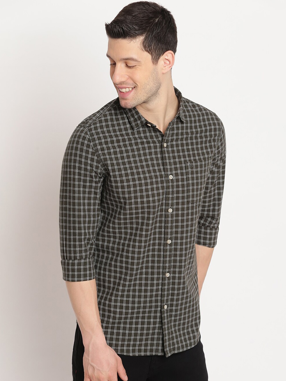 

Lee Men Green Slim Fit Grid Tattersall Checks Opaque Checked Casual Shirt