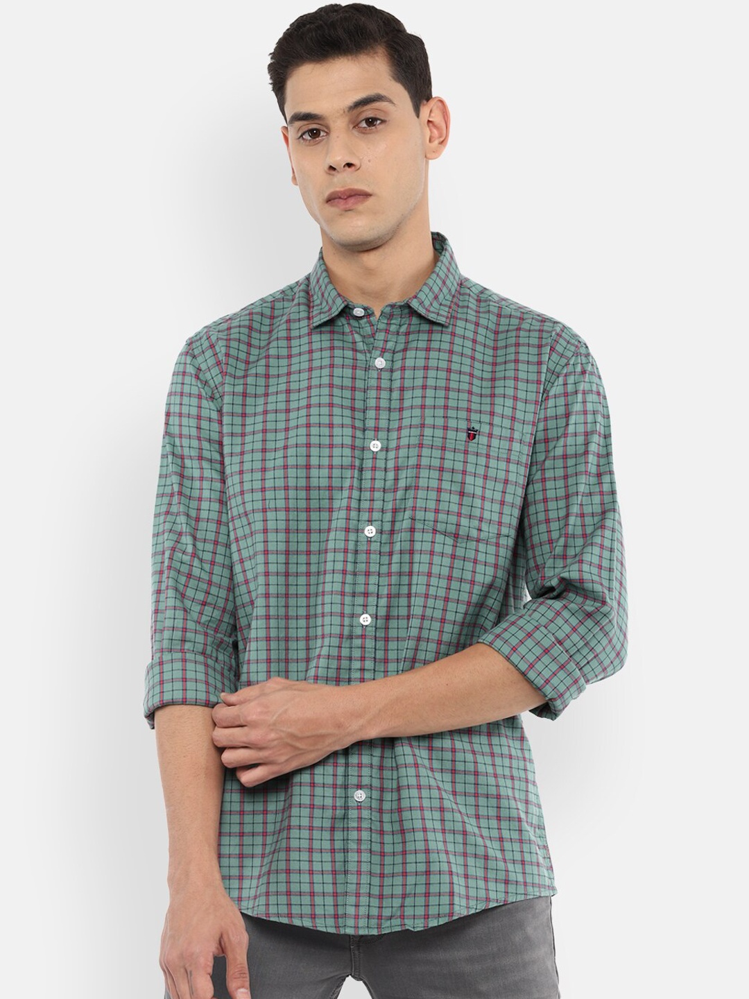 

Louis Philippe Jeans Men Green Slim Fit Opaque Checked Casual Shirt