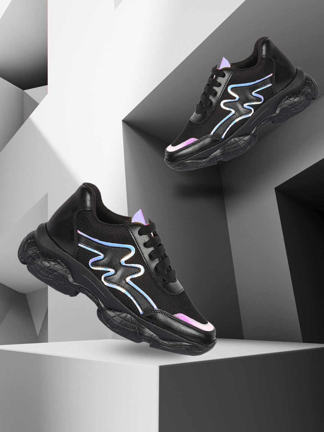 

Alishtezia Women Black & Blue Embellished Non-Marking PU Walking Shoes