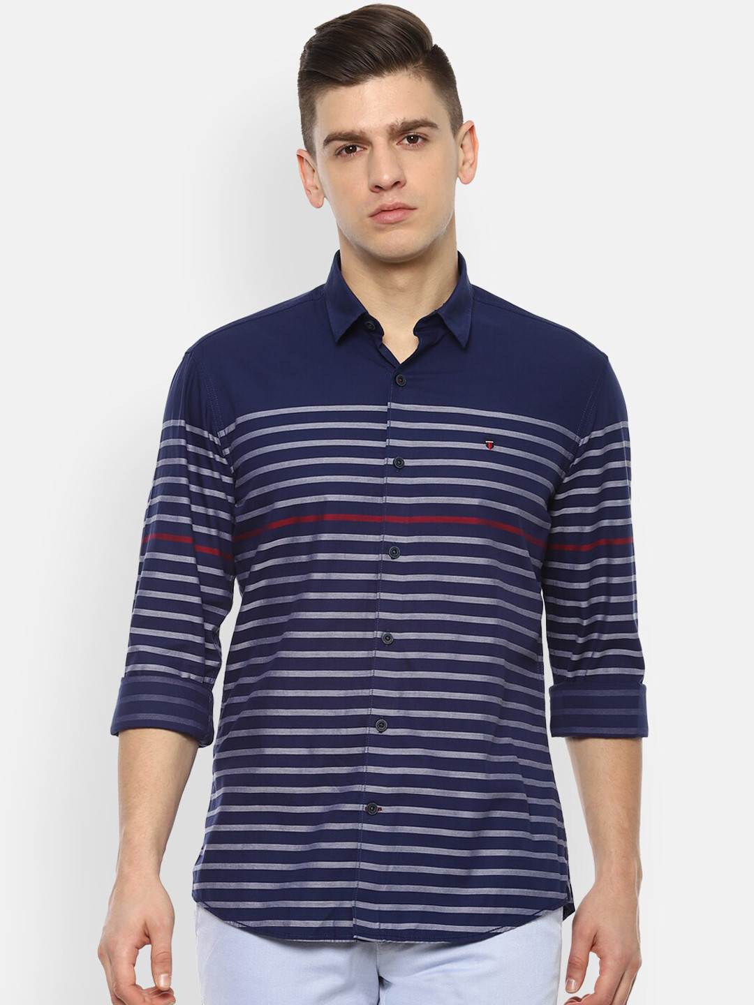 

Louis Philippe Sport Men Navy Blue Slim Fit Horizontal Stripes Opaque Striped Casual Shirt