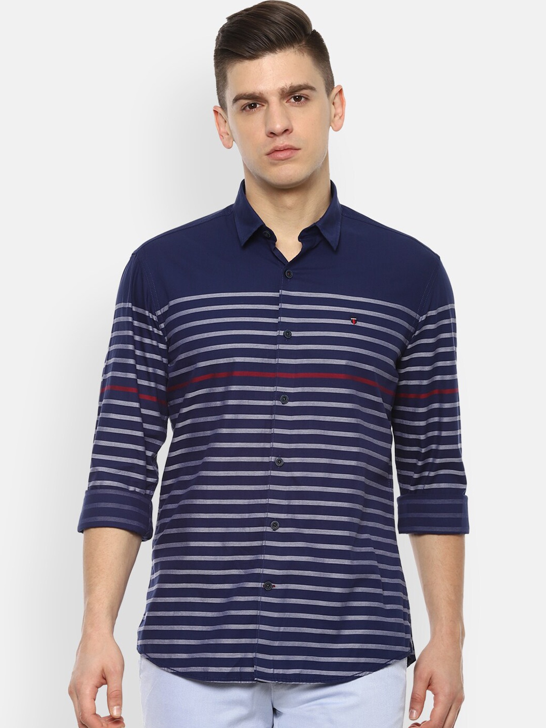 

Louis Philippe Sport Men Navy Blue & Grey Slim Fit Opaque Striped Cotton Casual Shirt