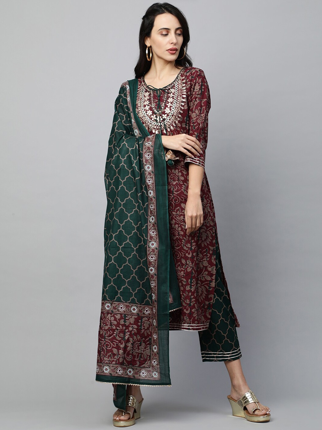 

FASHOR Women Maroon & Green Floral Printed Pure Cotton Kurta with Trousers & Dupatta