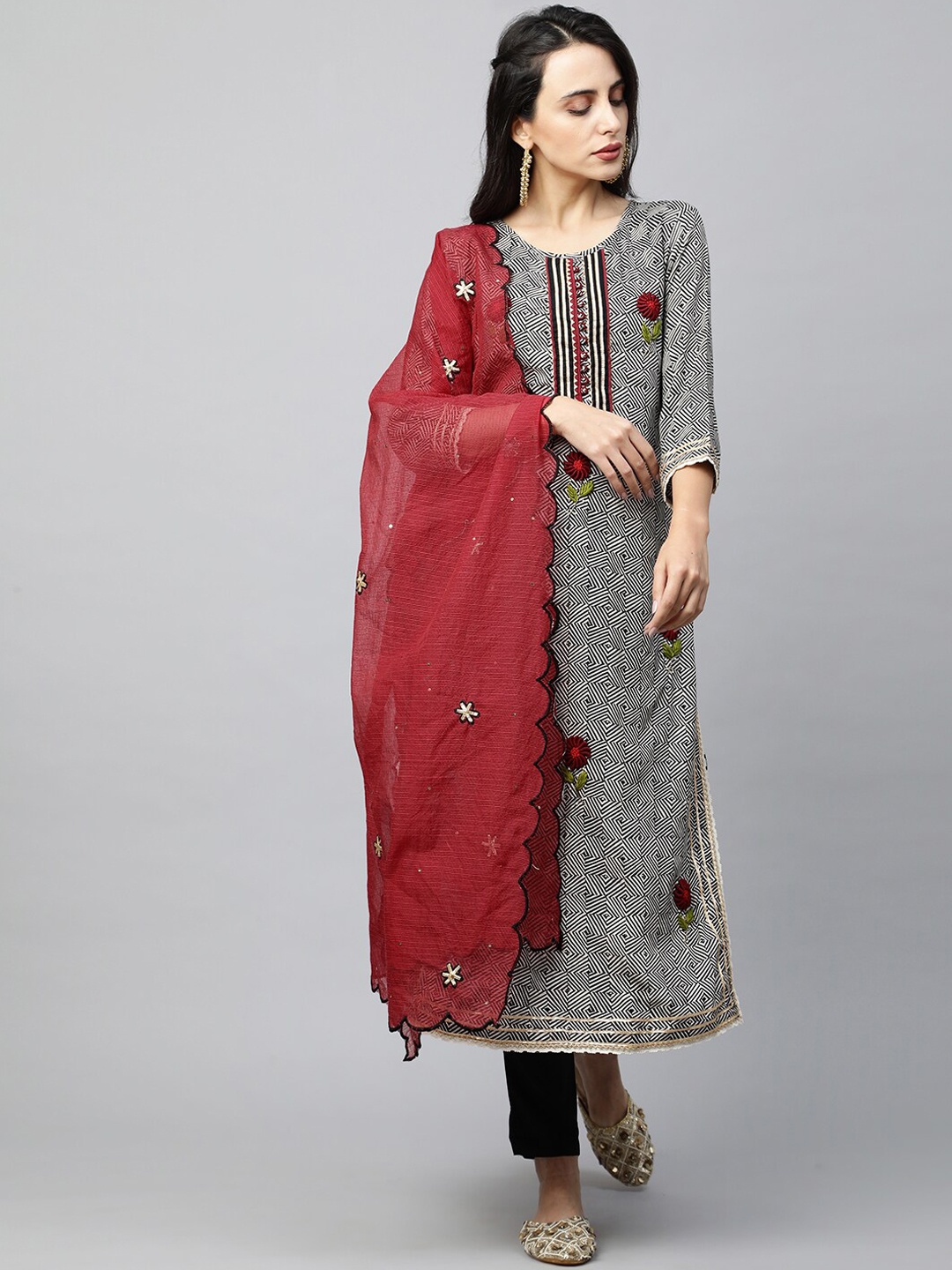 

FASHOR Women Grey & Red Printed & Hand Embroidered Kurta with Trousers & Dupatta