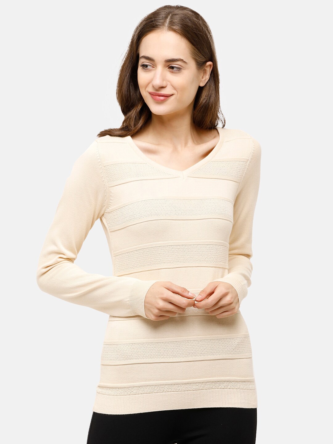 

98 Degree North Women Cream-Coloured Self Design Pullover