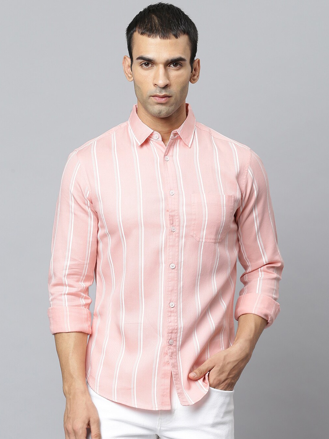 

Dennis Lingo Men Peach-Coloured & White Modern Slim Fit Opaque Striped Cotton Casual Shirt