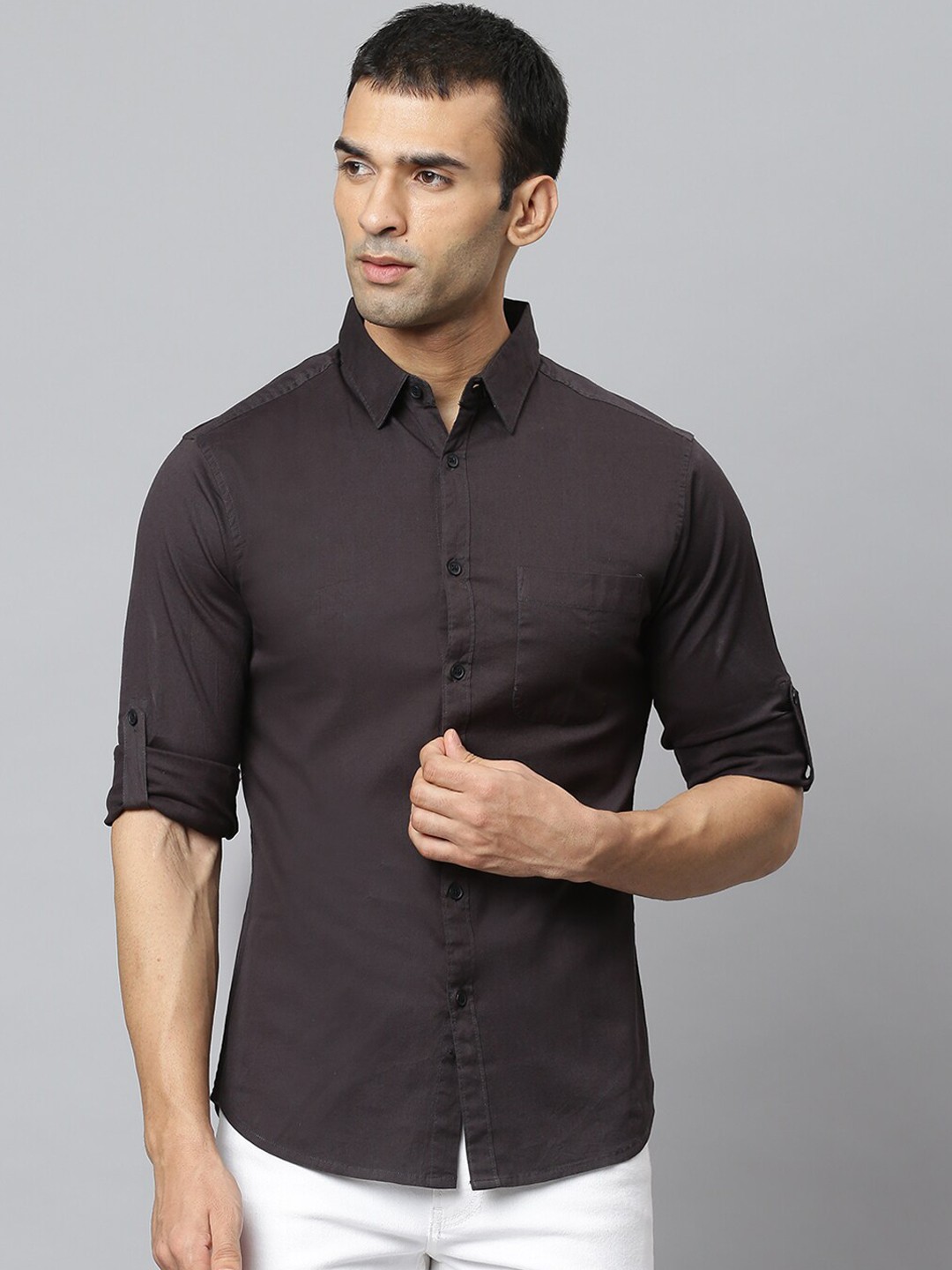 

Dennis Lingo Men Charcoal Grey Modern Slim Fit Opaque Casual Shirt