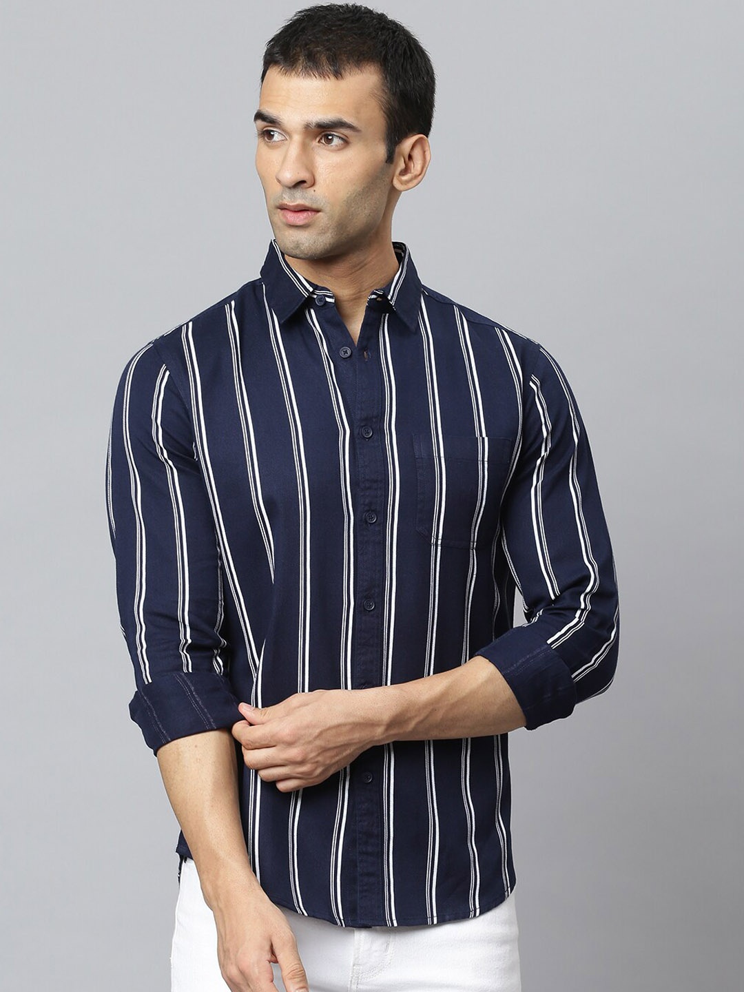 

Dennis Lingo Men Navy Blue & White Modern Slim Fit Opaque Striped Cotton Casual Shirt