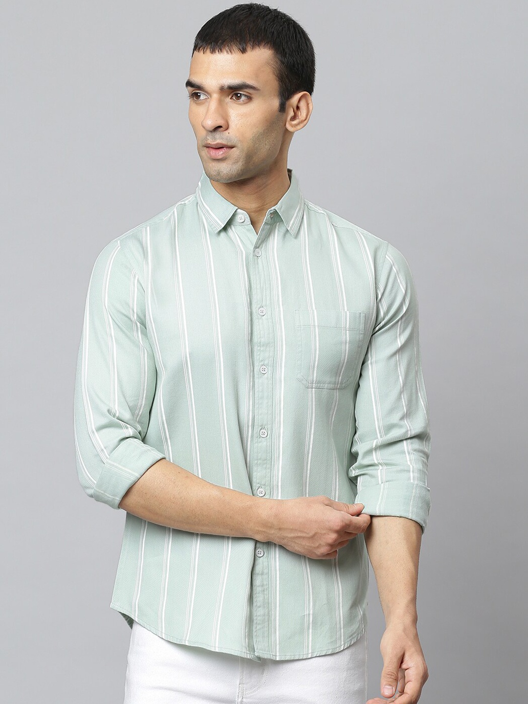 

Dennis Lingo Men Green & White Modern Slim Fit Opaque Striped Cotton Casual Shirt