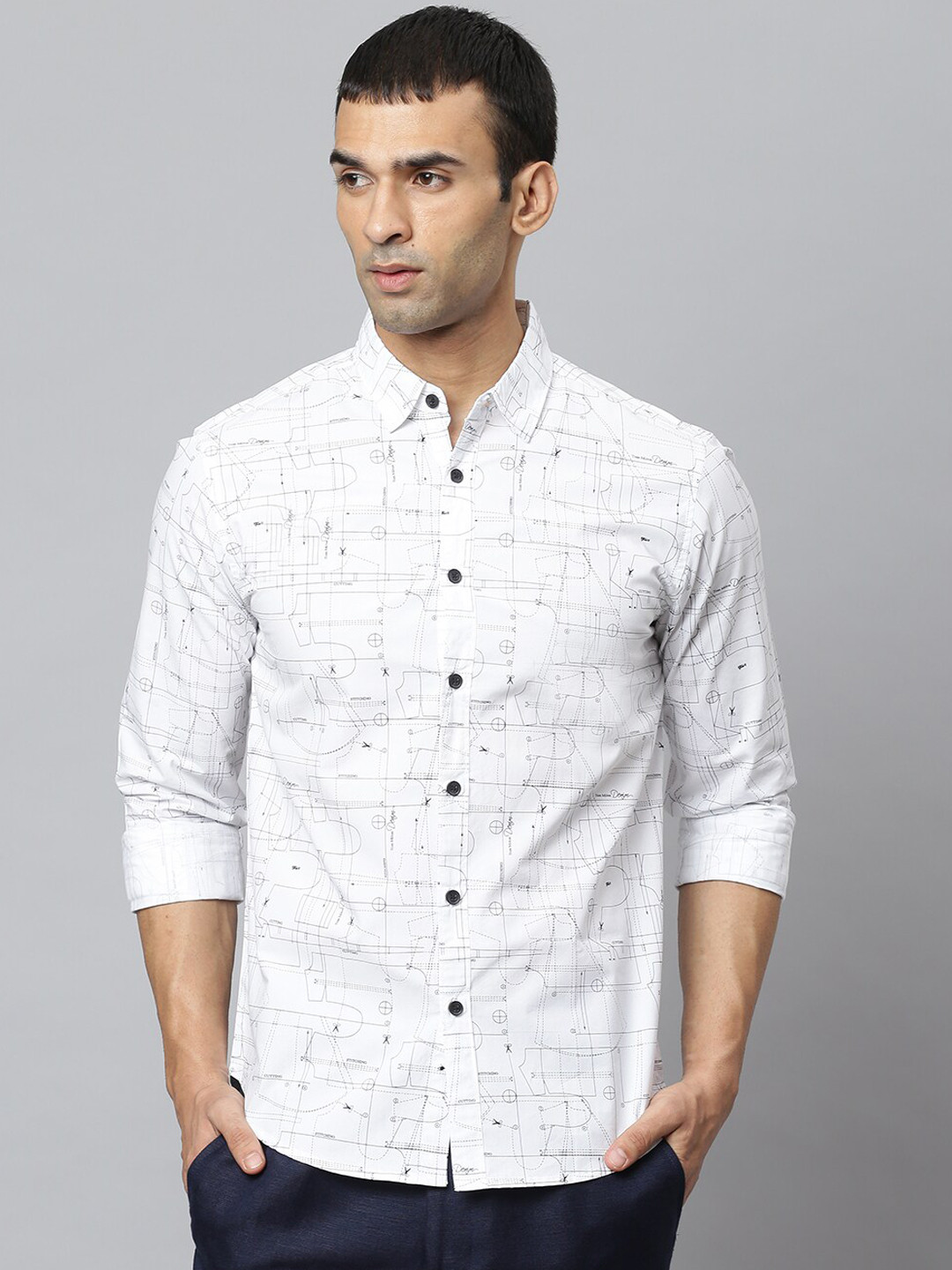 

Dennis Lingo Men White Modern Slim Fit Opaque Geometric Printed Cotton Casual Shirt
