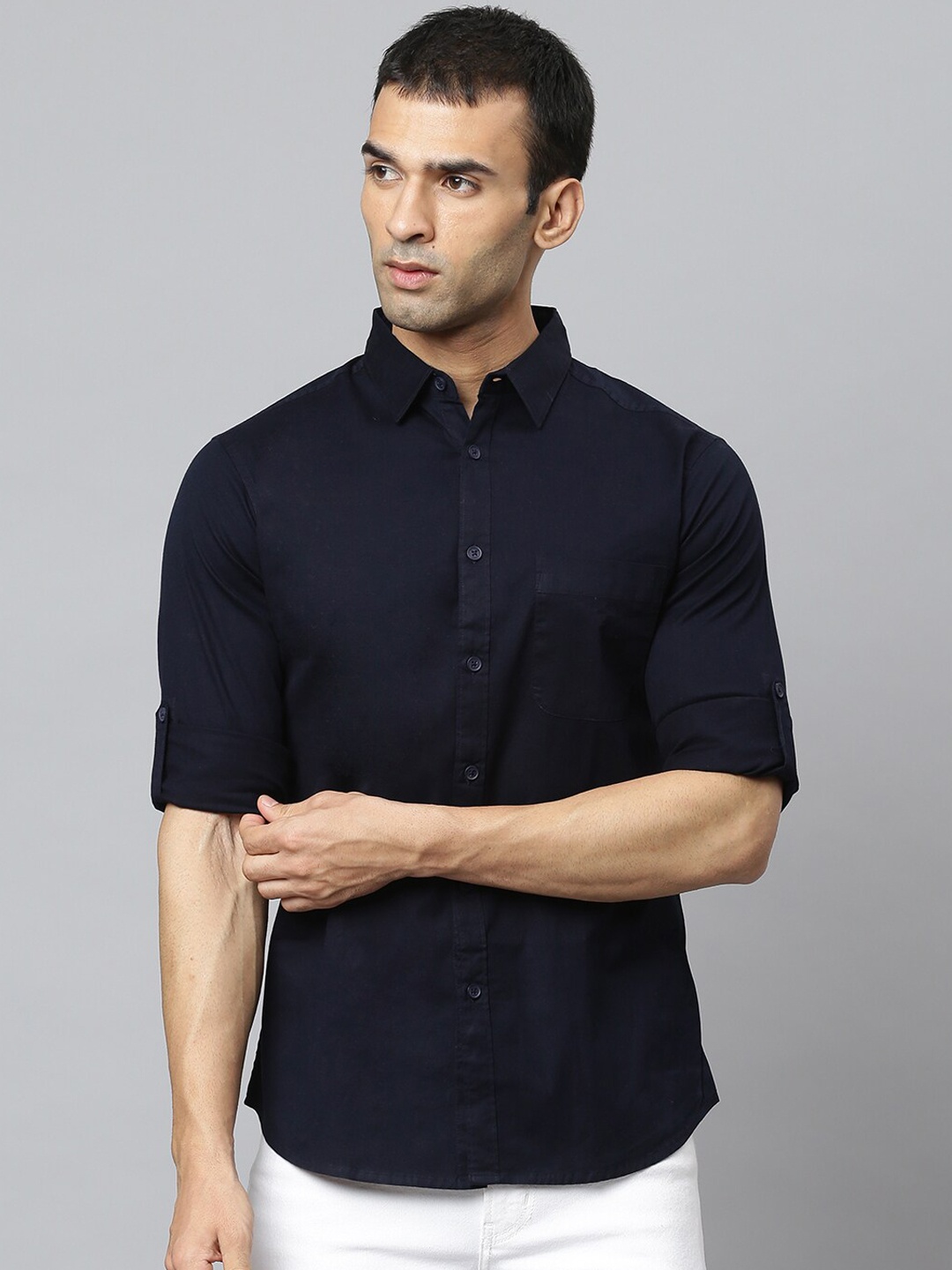 

Dennis Lingo Men Navy Blue Modern Slim Fit Opaque Casual Shirt