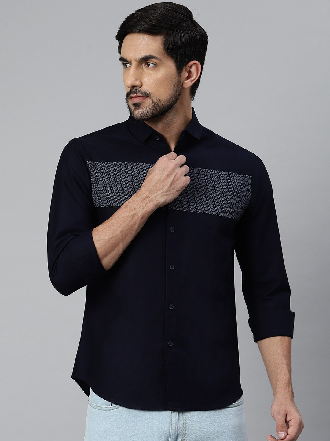 

Dennis Lingo Men Navy Blue & Grey Modern Slim Fit Opaque Printed Cotton Casual Shirt