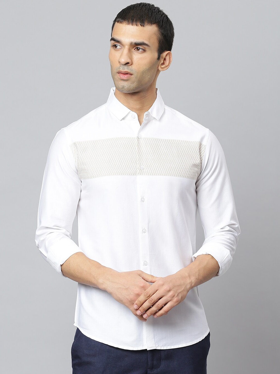 

Dennis Lingo Men White & Beige Modern Slim Fit Opaque Printed Casual Cotton Shirt